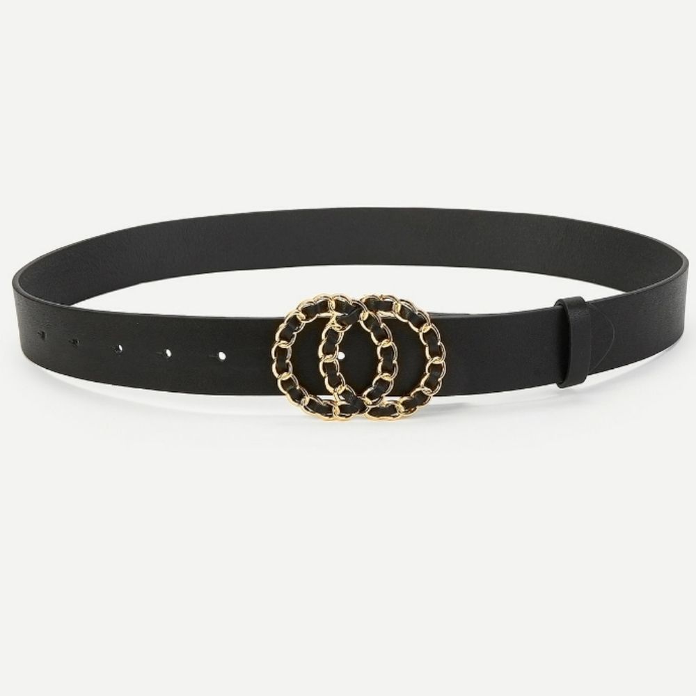 Black faux leather elegant double chunky chain link ring Gold buckle waist belt - Picture 11 of 12